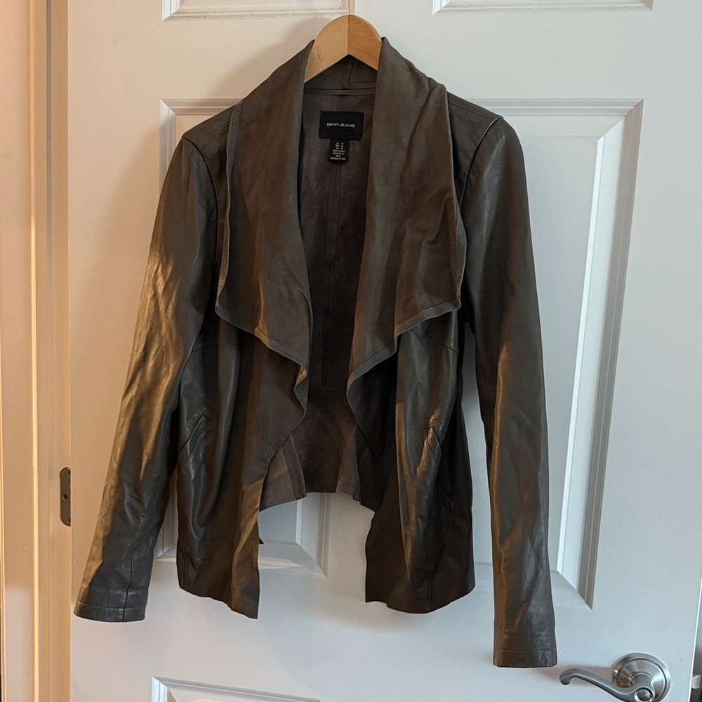 DKNY Grey Drape Leather Jacket